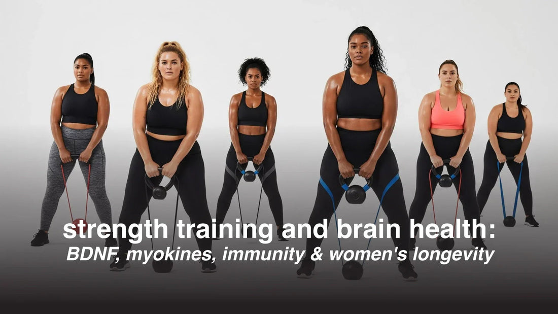 Women performing resistance band strength training illustrating the link between strength training and brain health through BDNF, myokines, immunity, and longevity