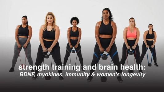 Women performing resistance band strength training illustrating the link between strength training and brain health through BDNF, myokines, immunity, and longevity